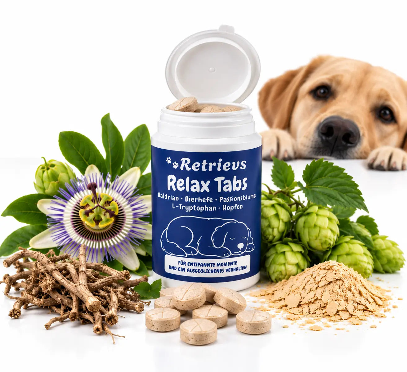 Geöffnete Dose Relax Tabs mit braunen Tabs in einer Hand.