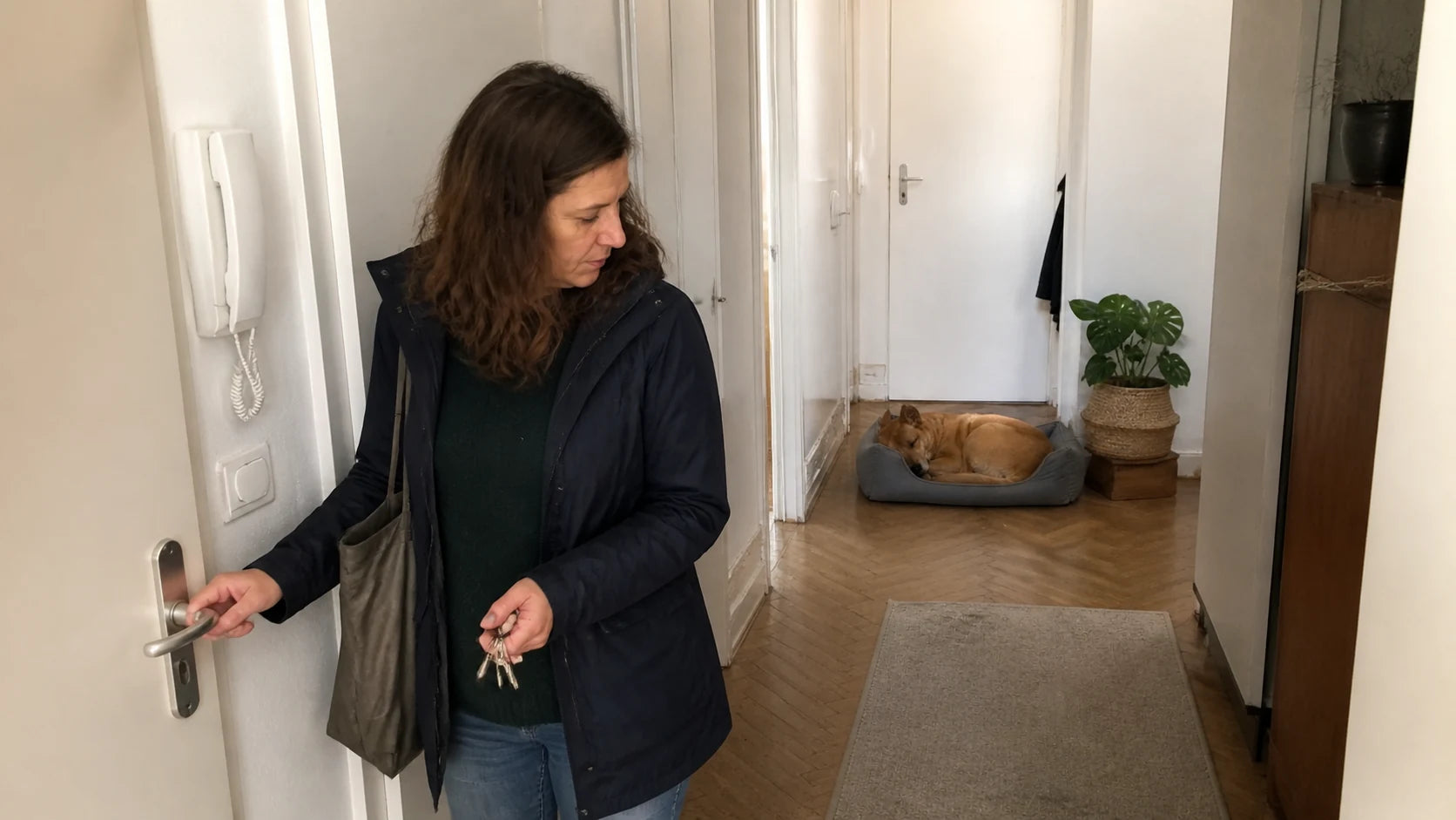Sabine verlässt die Wohnung, während Luca entspannt in seinem Körbchen bleibt.