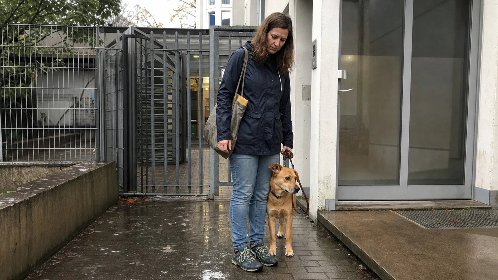 Sabine und Luca stehen an einem grauen Regentag vor dem Tierheim.