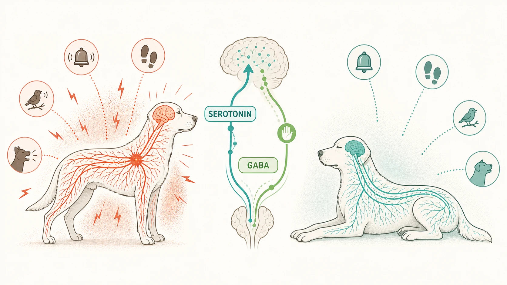 Infografik zum überreizten und regulierten Nervensystem mit Serotonin und GABA.